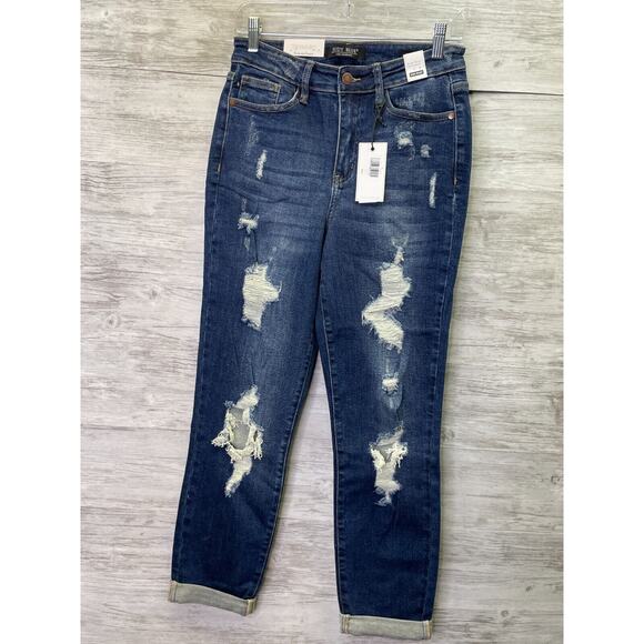 Judy Blue Jeans 26 Womens High Waist Boyfriend Distressed Blue Stretch Denim - Picture 1 of 15